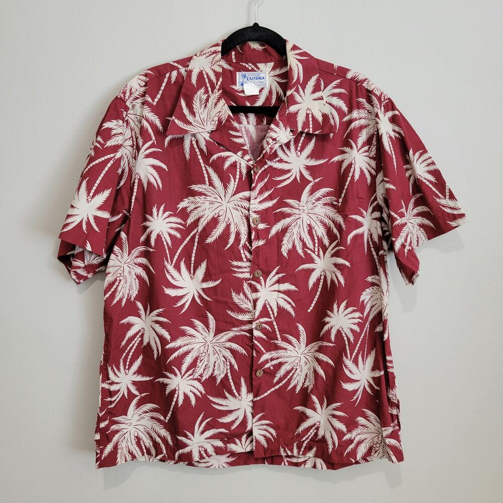 Vintage Kalakaua Rustic Red Palm Tree Button Up Short Sleeve Top Size X-Large